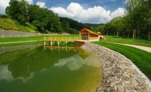 Prírodné biokúpalisko Levoča je pokojná lokalita s rybníkom obklopeným bujnou trávou a vysokými stromami.