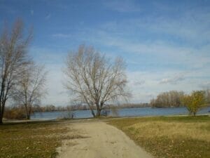 Malebná poľná cesta popri pokojnom jazere, známa ako Prírodné kúpalisko Štrkovisko Komjatice.