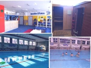 Koláž obrázkov bazéna a sauny na Krytej plavárni Mirka Nešpora v Prešove.